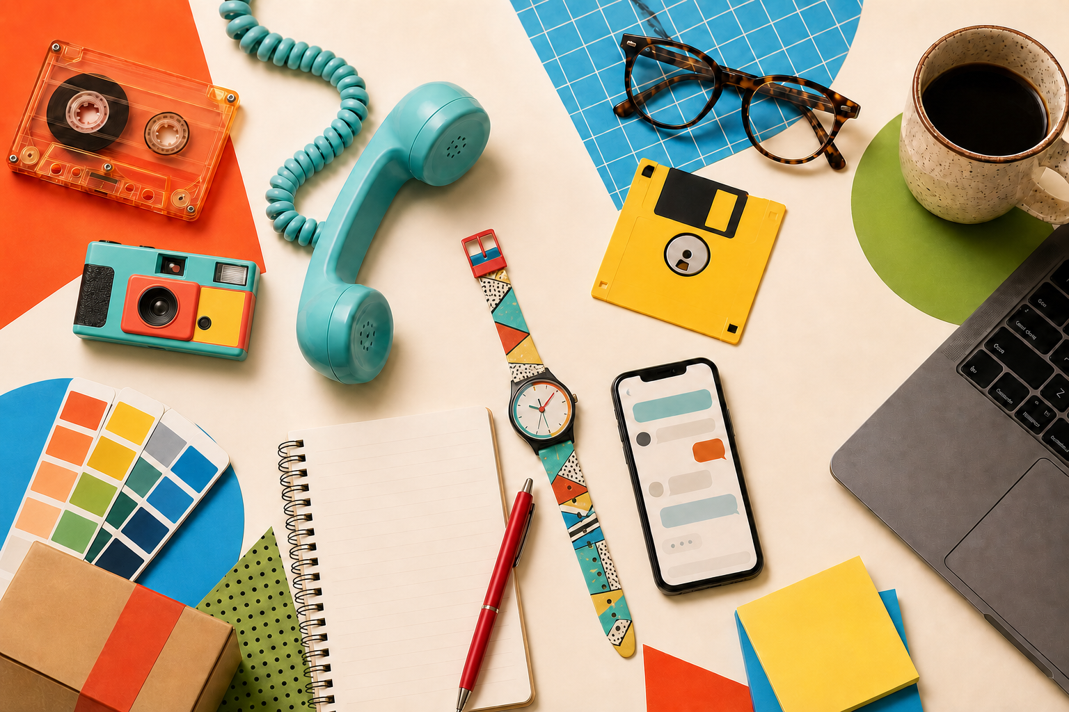 A colorful retro-tech flat lay with a cassette, corded phone, fully visible point-and-shoot camera, pop-art watch, floppy disk, reading glasses, notebook and smartphone